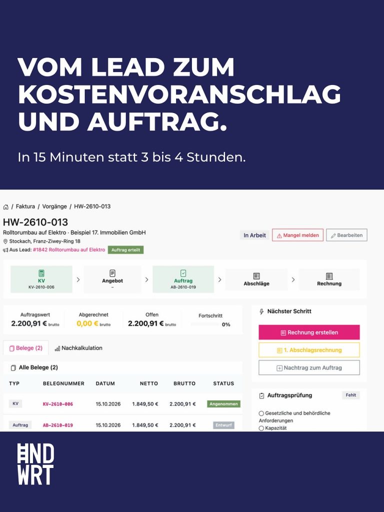 Screenshot einer Handwerkersoftware mit Kostenvoranschlag und Auftragsverwaltung für ein Sanierungsprojekt