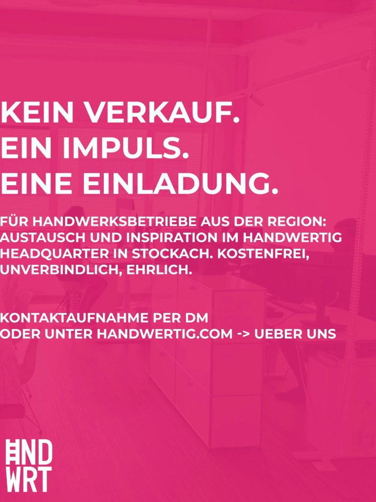 Pinke Werbegrafik mit weißem Text zu einer Veranstaltungseinladung für Handwerksbetriebe